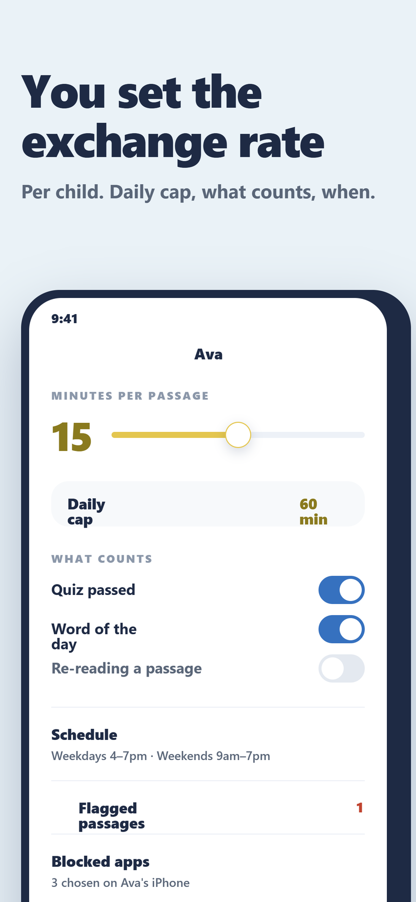 Earning settings: minutes per passage, a daily cap, and which activities count toward earned time.