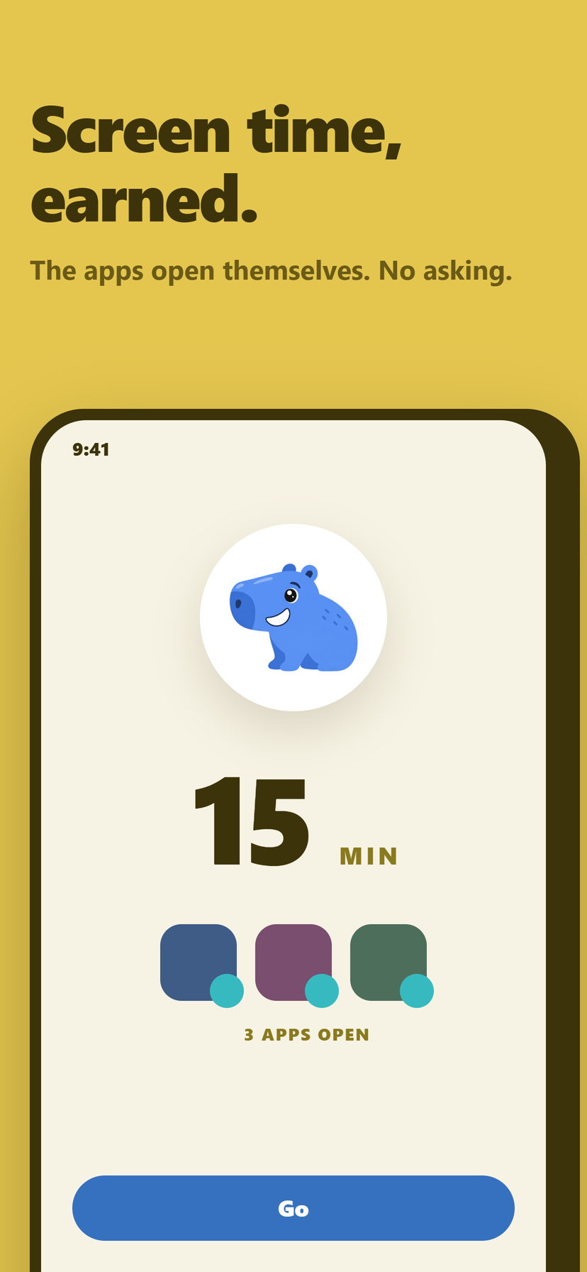 The home screen your child sees: 15 minutes of earned time ready, and the apps that unlock with it.