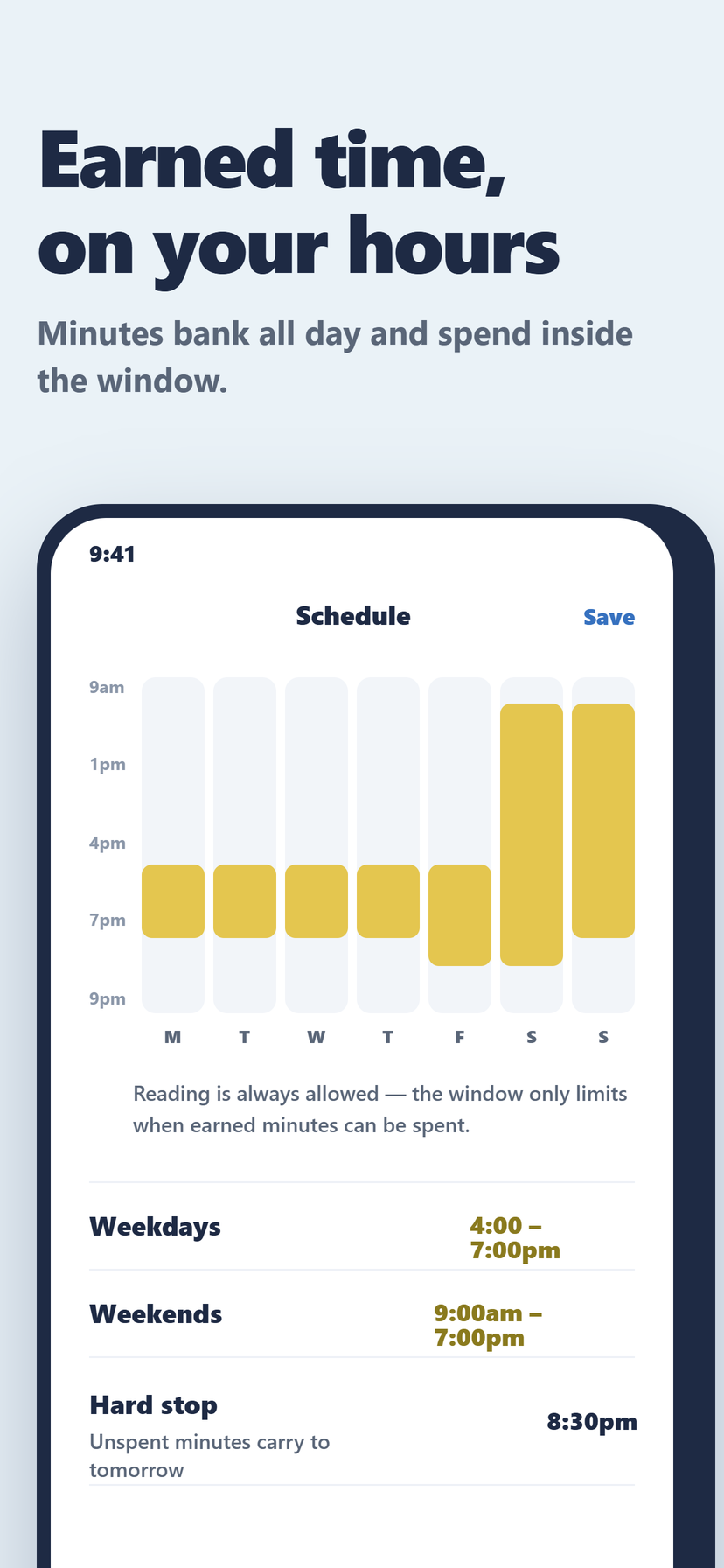 The spending schedule: the hours each day when earned minutes can be used. Reading is always allowed.