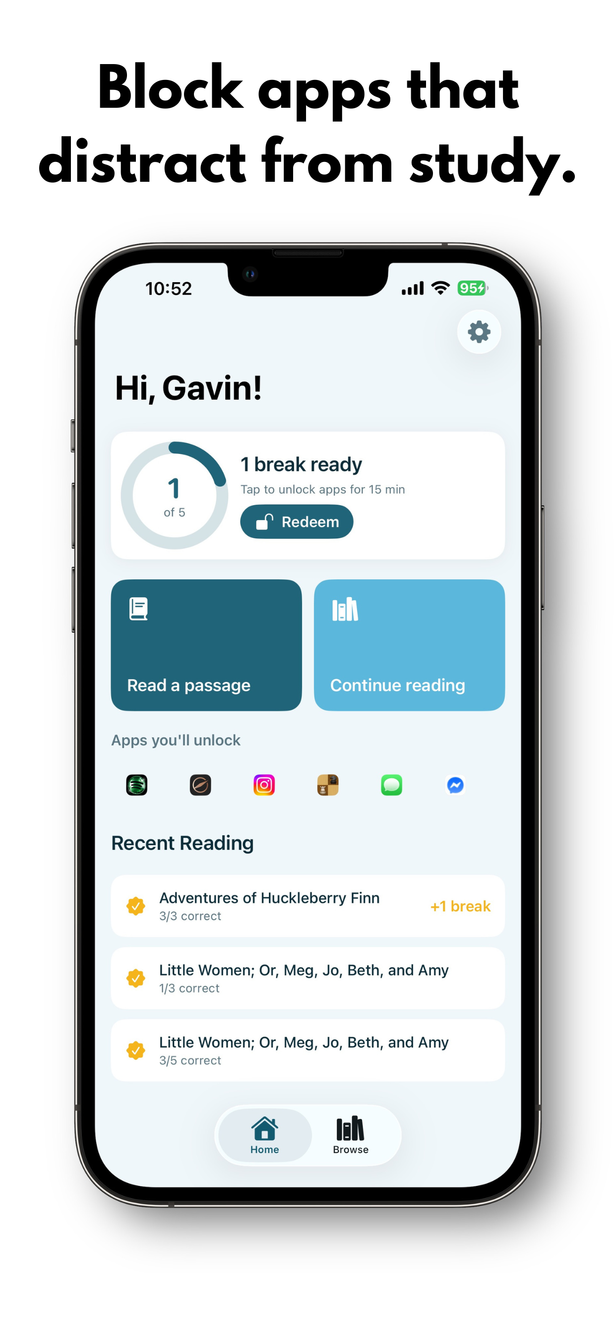 ReDirect home screen — block apps that distract from study